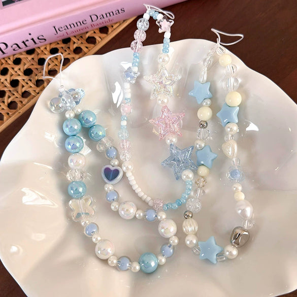 Mobile Phone Chain Lanyard Beaded Ornament Antilosing Rope Pendant Plastic Resin Blue Star Flowers Baking Paint