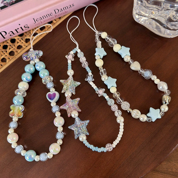 Mobile Phone Chain Lanyard Beaded Ornament Antilosing Rope Pendant Plastic Resin Blue Star Flowers Baking Paint
