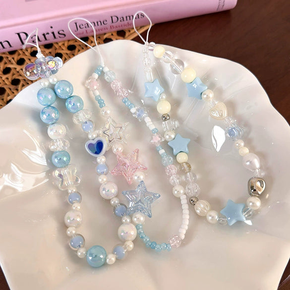 Mobile Phone Chain Lanyard Beaded Ornament Antilosing Rope Pendant Plastic Resin Blue Star Flowers Baking Paint