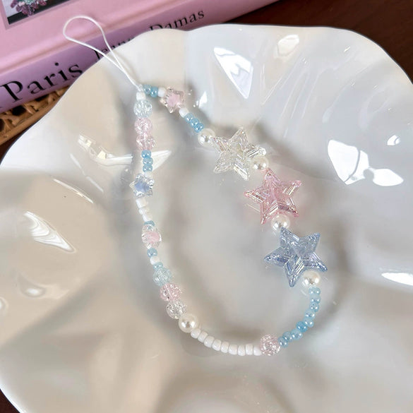 Mobile Phone Chain Lanyard Beaded Ornament Antilosing Rope Pendant Plastic Resin Blue Star Flowers Baking Paint