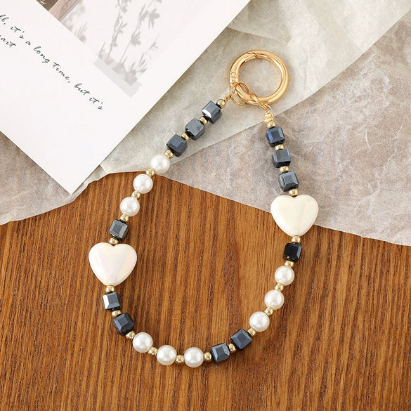 Mobile Phone Lanyard Keychain Pendant Crystal Beaded Love Pattern Handmade Colorplated