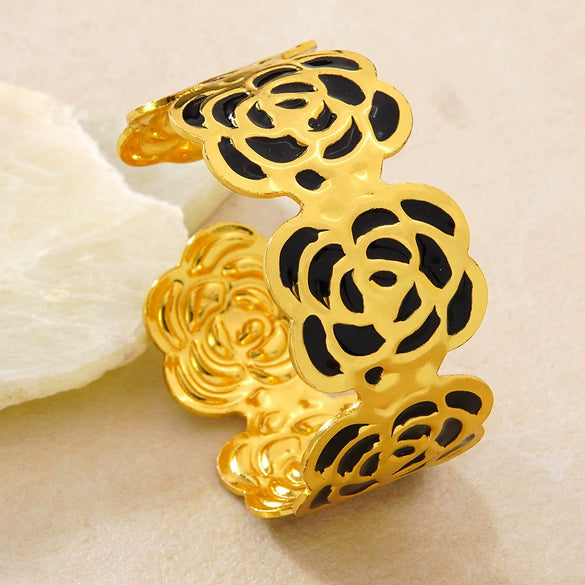Modern Minimalist Stainless Steel Floral Open Bracelet With Dripping Oil Finish Light Luxury Flower Jewelry