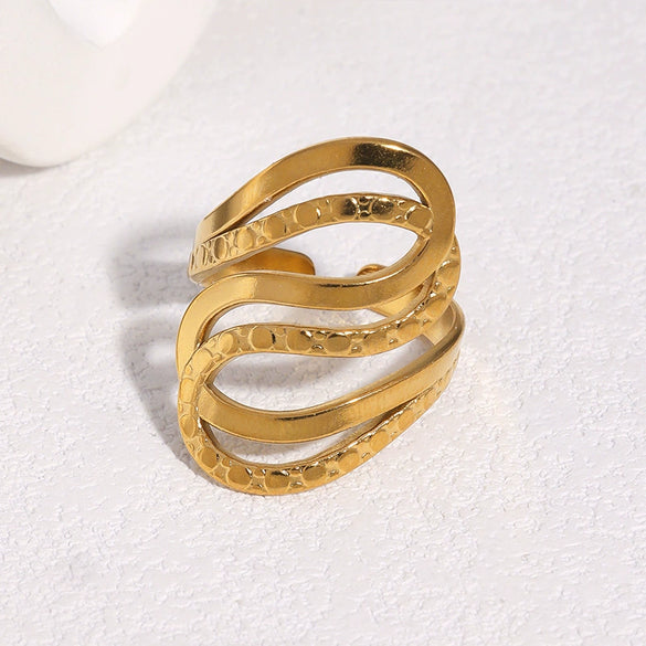 Modern Minimalist Stainless Steel Open Ring With Irregular Geometric Line Texture And 18K Gold Electroplated Finish For Women