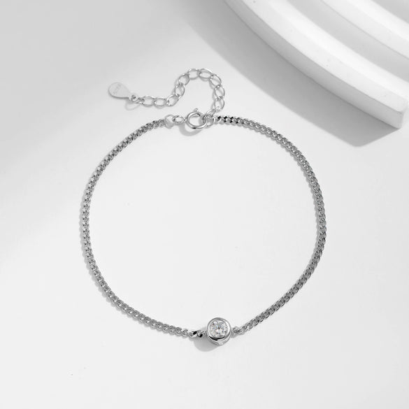 Modern Simple Chain Bracelet In S925 Sterling Silver With Single Diamond And Gem Inlaid For Women