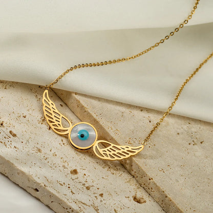 Modern Style Artistic Angel Wings Devil's Eye Titanium Steel Plating 18k Gold Plated Pendant Necklace