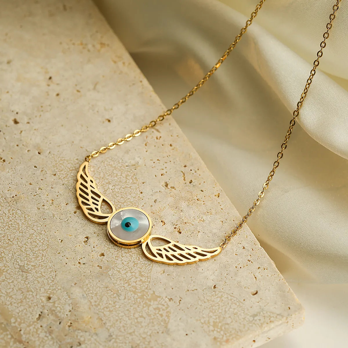 Modern Style Artistic Angel Wings Devil's Eye Titanium Steel Plating 18k Gold Plated Pendant Necklace