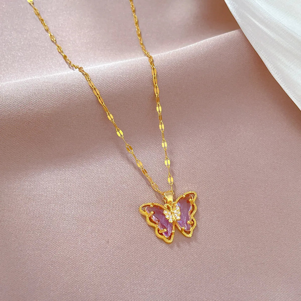 Modern Style Butterfly Stainless Steel Copper Inlay Zircon Pendant Necklace