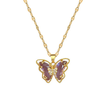 Modern Style Butterfly Stainless Steel Copper Inlay Zircon Pendant Necklace