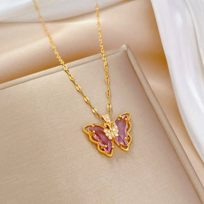 Modern Style Butterfly Stainless Steel Copper Inlay Zircon Pendant Necklace