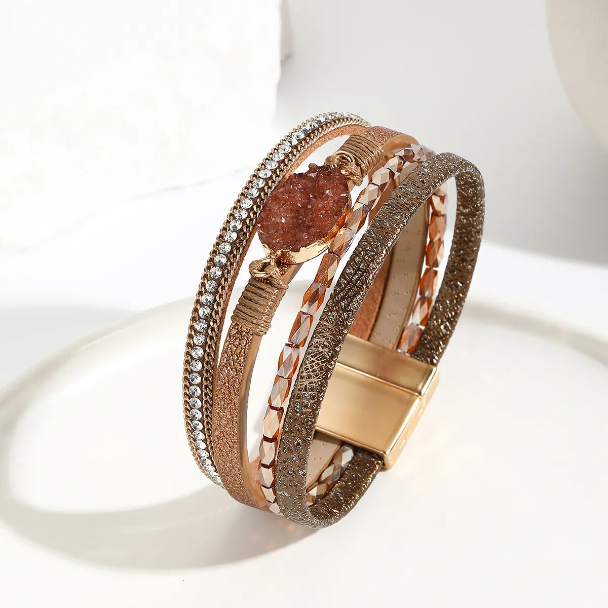 Modern Style Classic Style Geometric Pu Leather Beaded Inlay Artificial Crystal Zircon Women'S Bangle