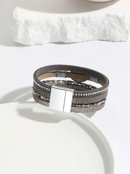 Modern Style Classic Style Geometric Pu Leather Beaded Inlay Artificial Crystal Zircon Women'S Bangle