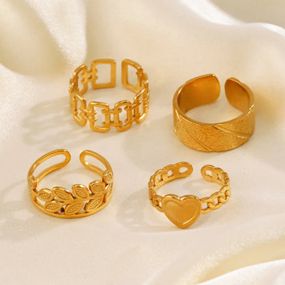 Modern Style Classic Style Leaves Heart Shape 304 Stainless Steel 18K Gold Plated Open Rings In Bulk