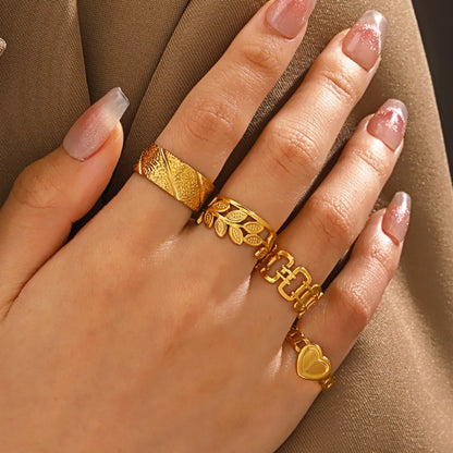 Modern Style Classic Style Leaves Heart Shape 304 Stainless Steel 18K Gold Plated Open Rings In Bulk