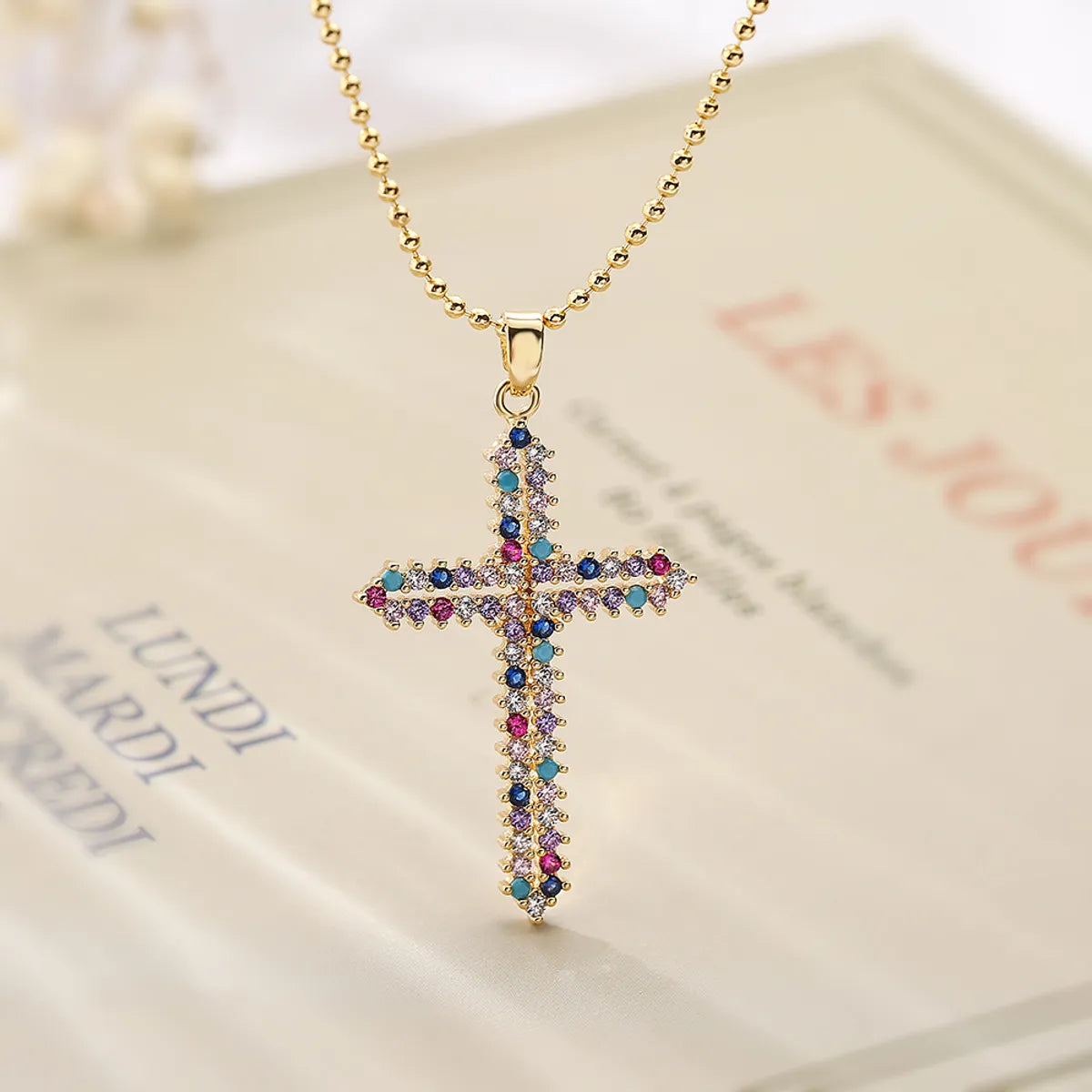 Modern Style Cross Copper Plating Inlay Zircon 18k Gold Plated Pendant Necklace