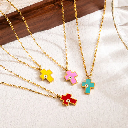 Modern Style Cross Eye Stainless Steel Enamel Three-dimensional 18k Gold Plated Pendant Necklace