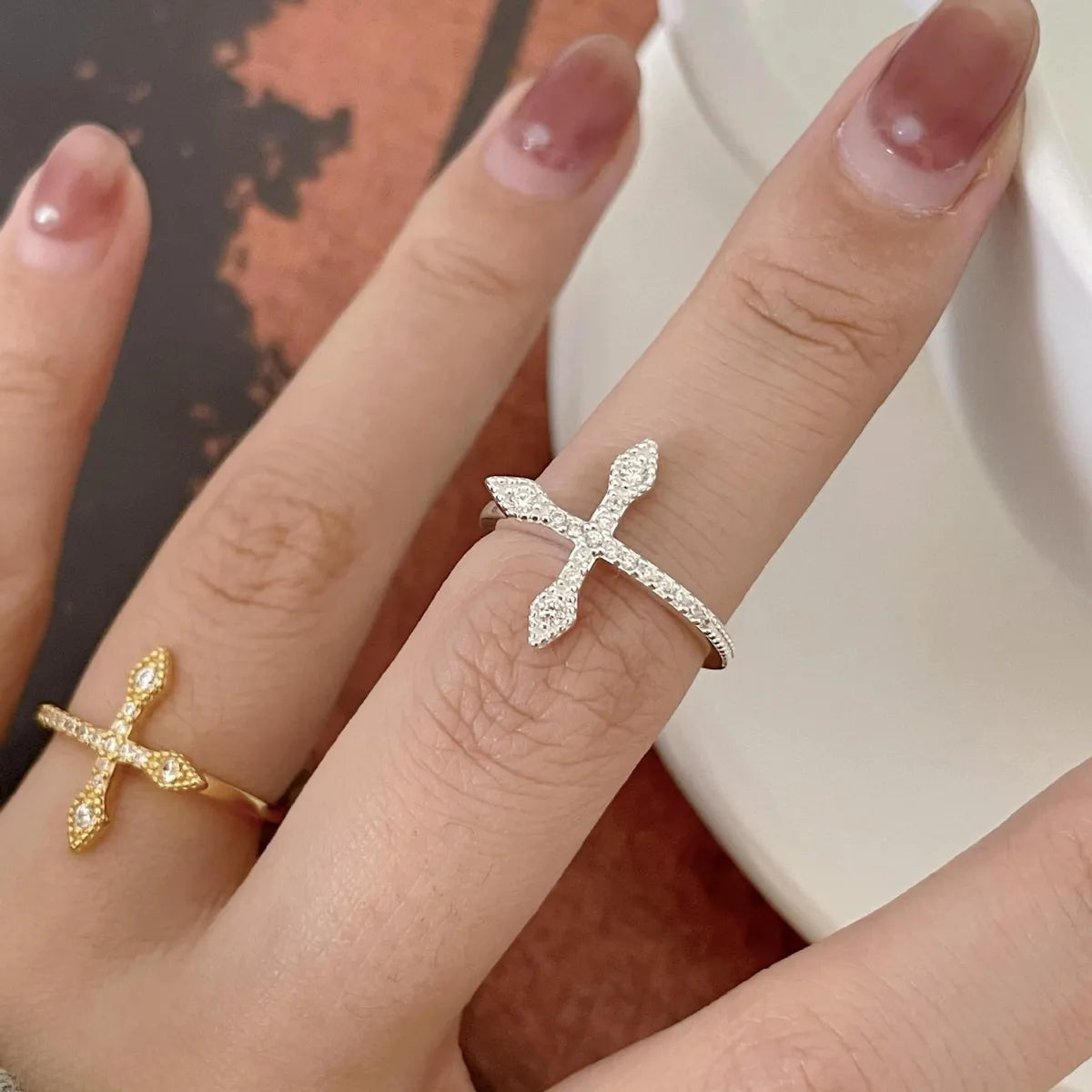 Modern Style Cross Sterling Silver Inlay Zircon Open Ring