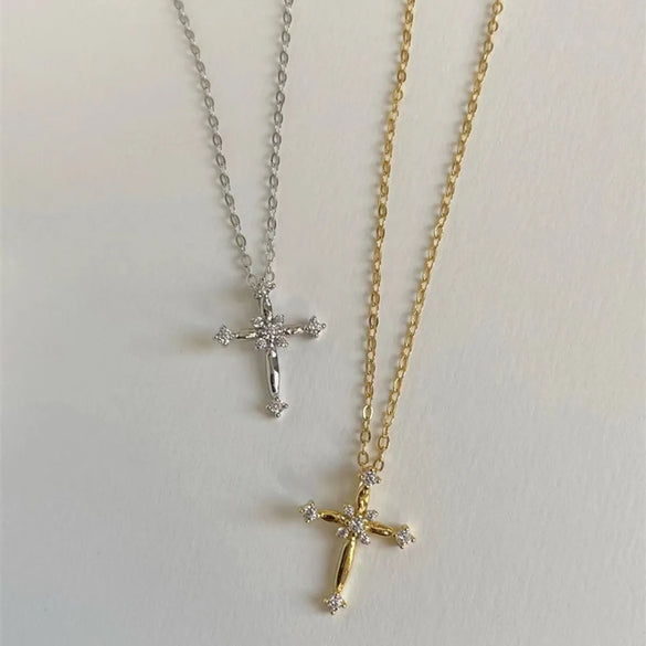 Modern Style Cross Sterling Silver Plating Inlay Artificial Gemstones 14k Gold Plated Pendant Necklace