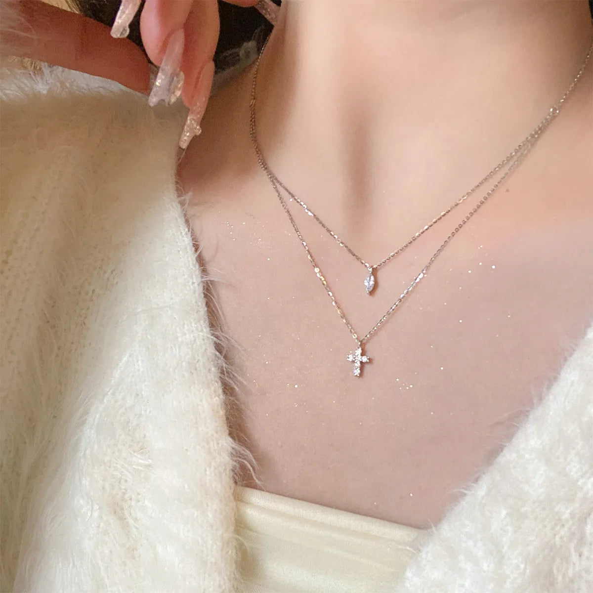 Modern Style Cross Sterling Silver Zircon Double Layer Necklaces In Bulk