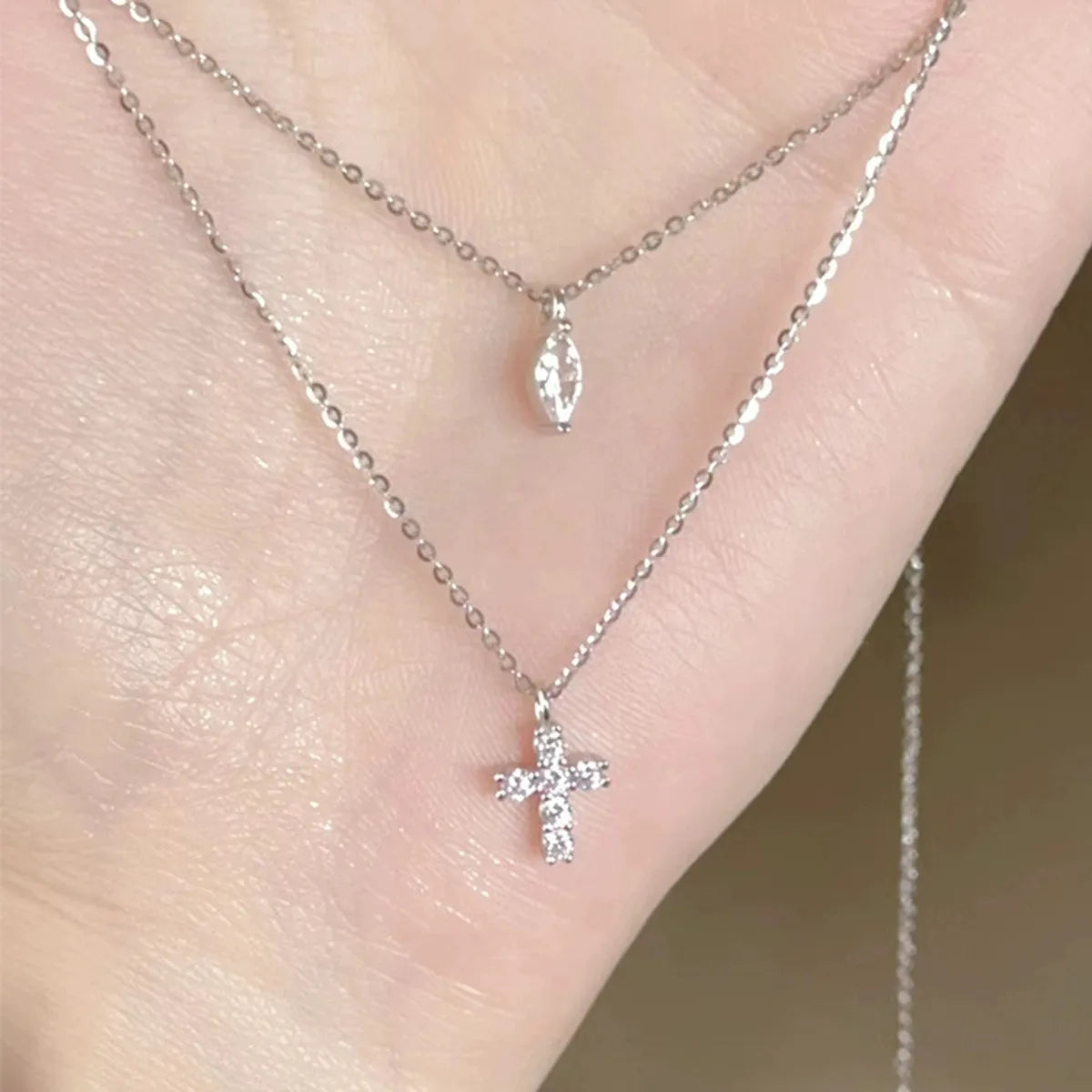 Modern Style Cross Sterling Silver Zircon Double Layer Necklaces In Bulk