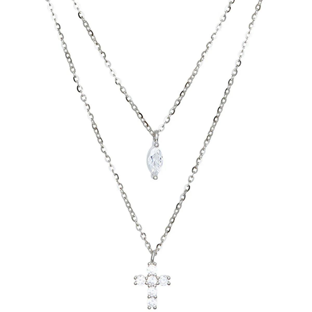 Modern Style Cross Sterling Silver Zircon Double Layer Necklaces In Bulk