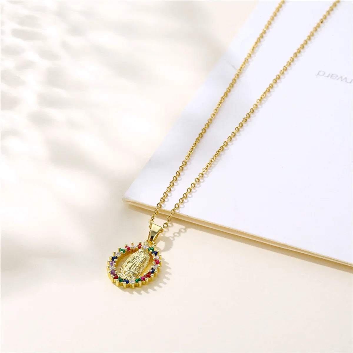 Modern Style Faith Oval Titanium Steel Copper 18k Gold Plated Artificial Diamond Pendant Necklace In Bulk