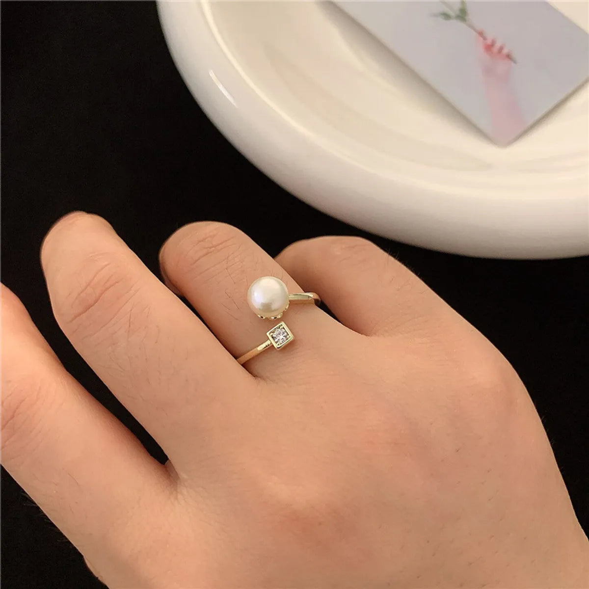 Modern Style Geometric Freshwater Pearl Copper Inlay Freshwater Pearl Open Ring