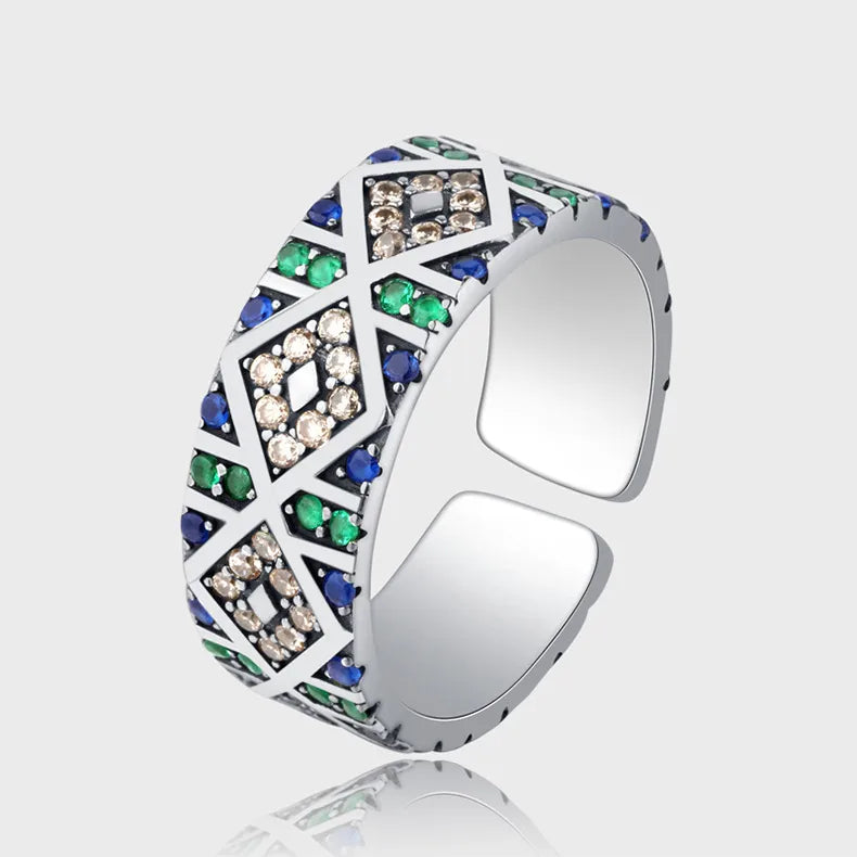 Modern Style Geometric Sterling Silver Inlay Zircon Open Ring