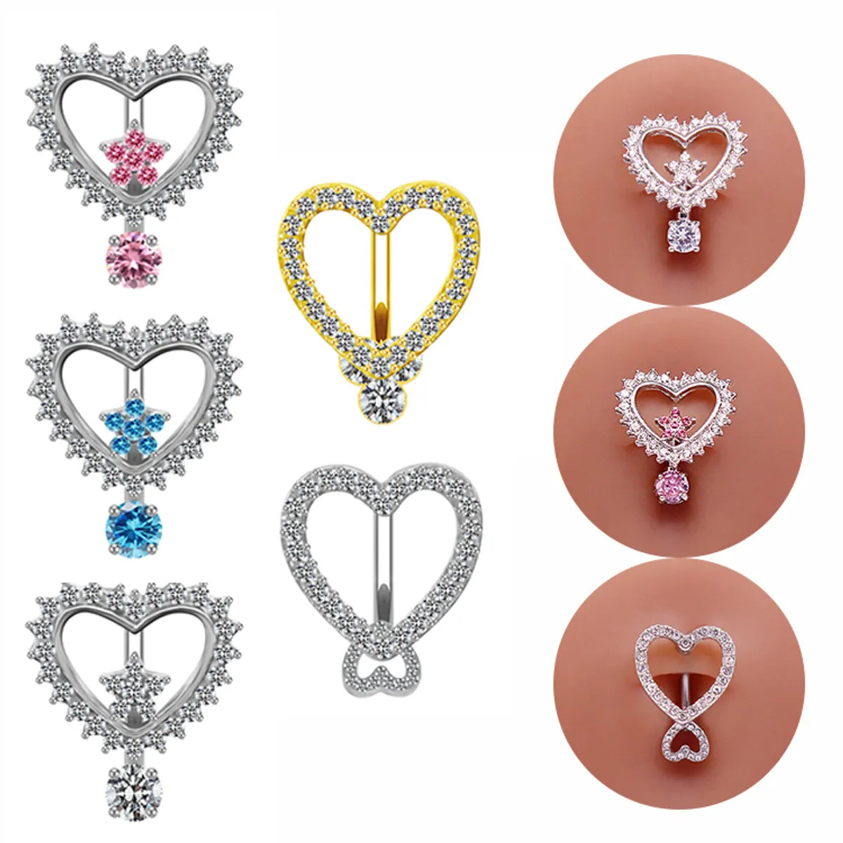 Modern Style Heart Shape Stainless Steel Alloy Copper Silver Plated Zircon Belly Ring In Bulk