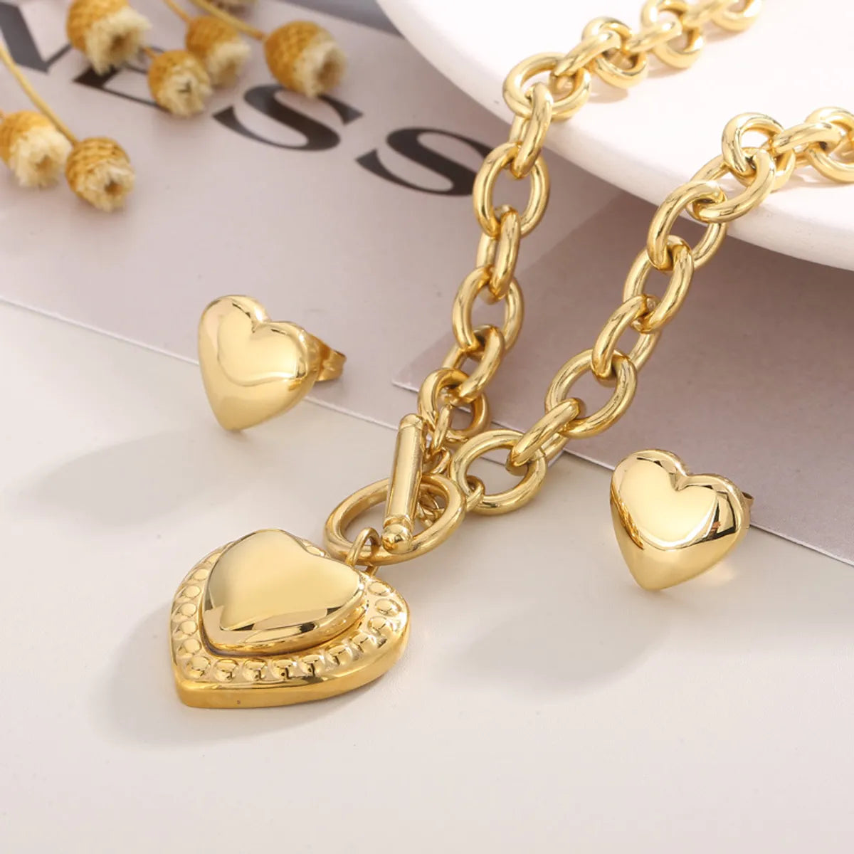 Modern Style Heart Shape Titanium Steel Plating 18k Gold Plated Earrings Necklace