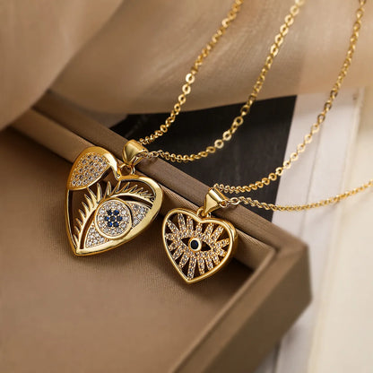 Modern Style Korean Style Geometric Devil's Eye Heart Shape Copper Plating Hollow Out Inlay Zircon 18k Gold Plated Pendant Necklace