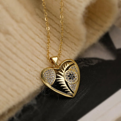 Modern Style Korean Style Geometric Devil's Eye Heart Shape Copper Plating Hollow Out Inlay Zircon 18k Gold Plated Pendant Necklace