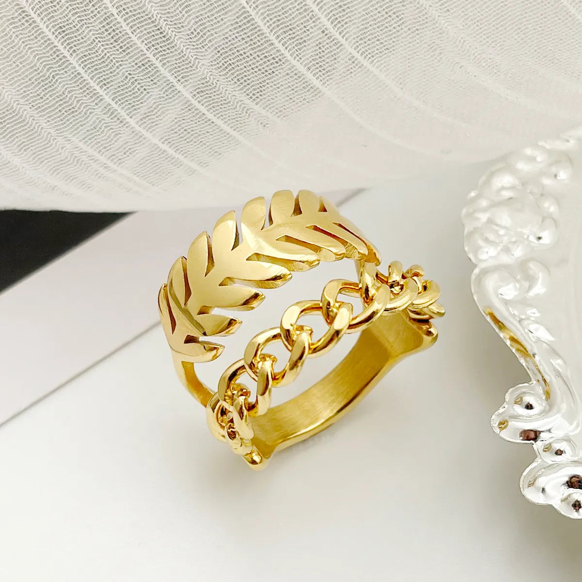 Modern Style Leaves Stainless Steel Gold Plated Wide Band Ring In Bulk