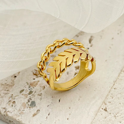 Modern Style Leaves Stainless Steel Gold Plated Wide Band Ring In Bulk