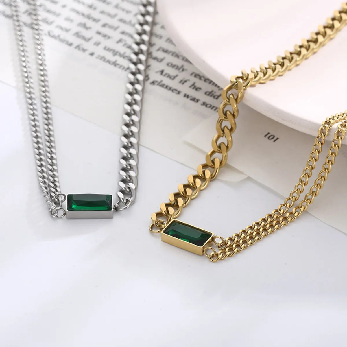 Modern Style Rectangle Titanium Steel Plating Inlay Glass 18k Gold Plated Bracelets Necklace