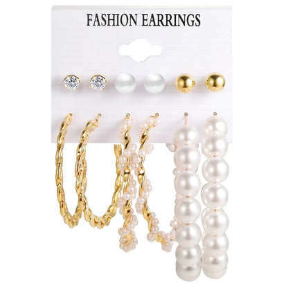 Modern Style Round Alloy Artificial Rhinestones Artificial Pearls Earrings 6 Pairs