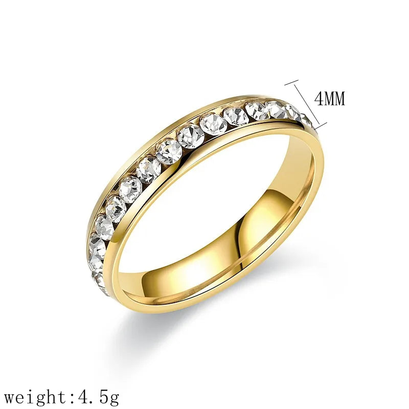 Wholesale Jewelry Modern Style Round Titanium Steel Artificial Diamond 18K Gold Plated Inlay Rings