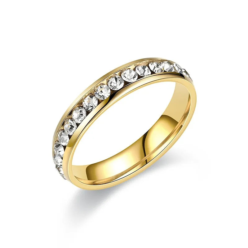 Wholesale Jewelry Modern Style Round Titanium Steel Artificial Diamond 18K Gold Plated Inlay Rings