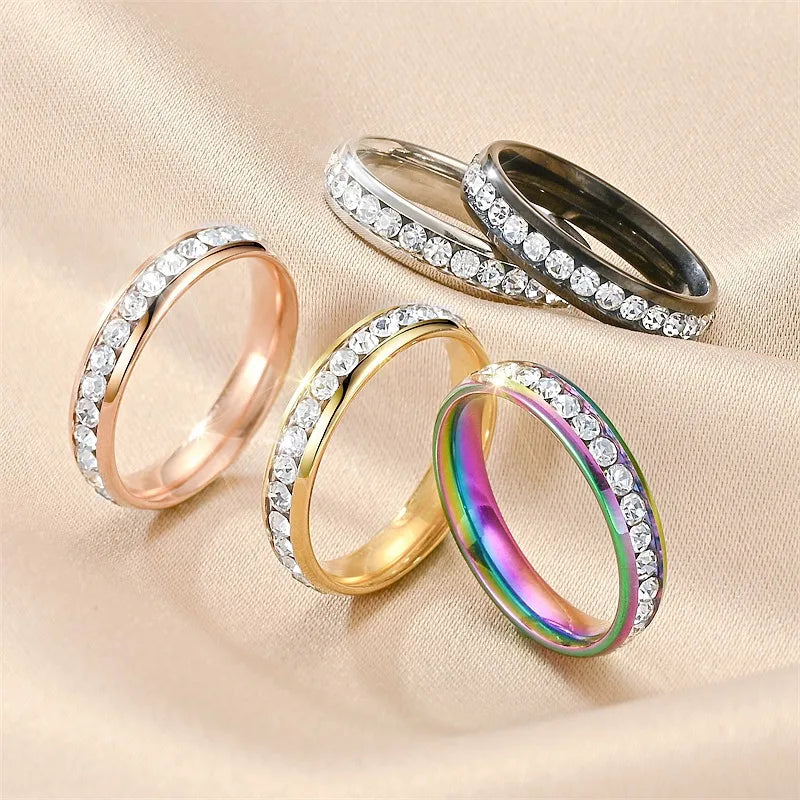 Wholesale Jewelry Modern Style Round Titanium Steel Artificial Diamond 18K Gold Plated Inlay Rings