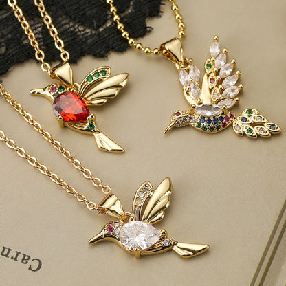 Modern Style Shiny Bird Copper 18k Gold Plated Zircon Pendant Necklace In Bulk