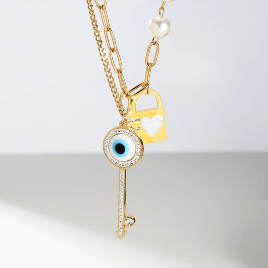 Modern Style Shiny Key Lock Stainless Steel Plastic Plating Inlay Zircon 18k Gold Plated Pendant Necklace