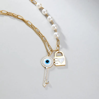 Modern Style Shiny Key Lock Stainless Steel Plastic Plating Inlay Zircon 18k Gold Plated Pendant Necklace