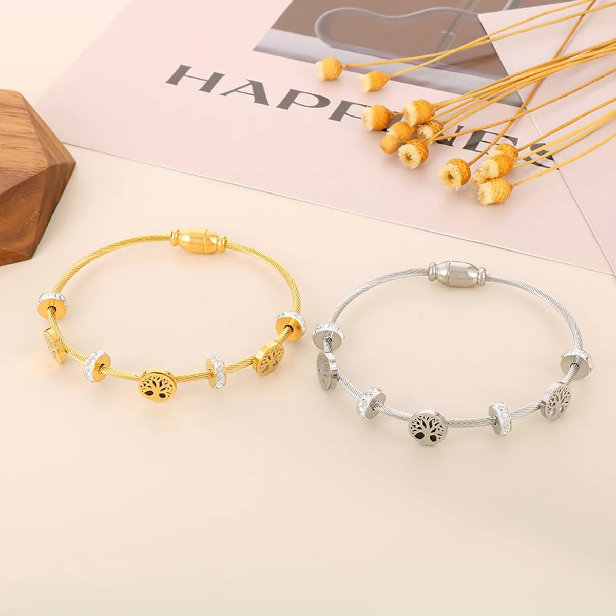 Modern Style Simple Style Devil's Eye Tree Stainless Steel Titanium Steel Plating Inlay Zircon 18k Gold Plated Bangle