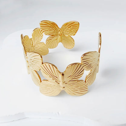 Modern Style Simple Style Flower Butterfly Ginkgo Leaf 304 Stainless Steel 18K Gold Plated Cuff Bracelets In Bulk