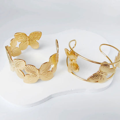 Modern Style Simple Style Flower Butterfly Ginkgo Leaf 304 Stainless Steel 18K Gold Plated Cuff Bracelets In Bulk