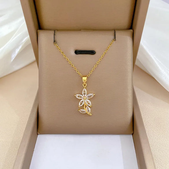 Wholesale Modern Style Simple Style Flower Titanium Steel Copper Inlay Artificial Gemstones Pendant Necklace