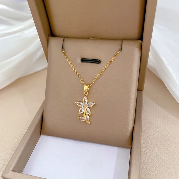 Wholesale Modern Style Simple Style Flower Titanium Steel Copper Inlay Artificial Gemstones Pendant Necklace