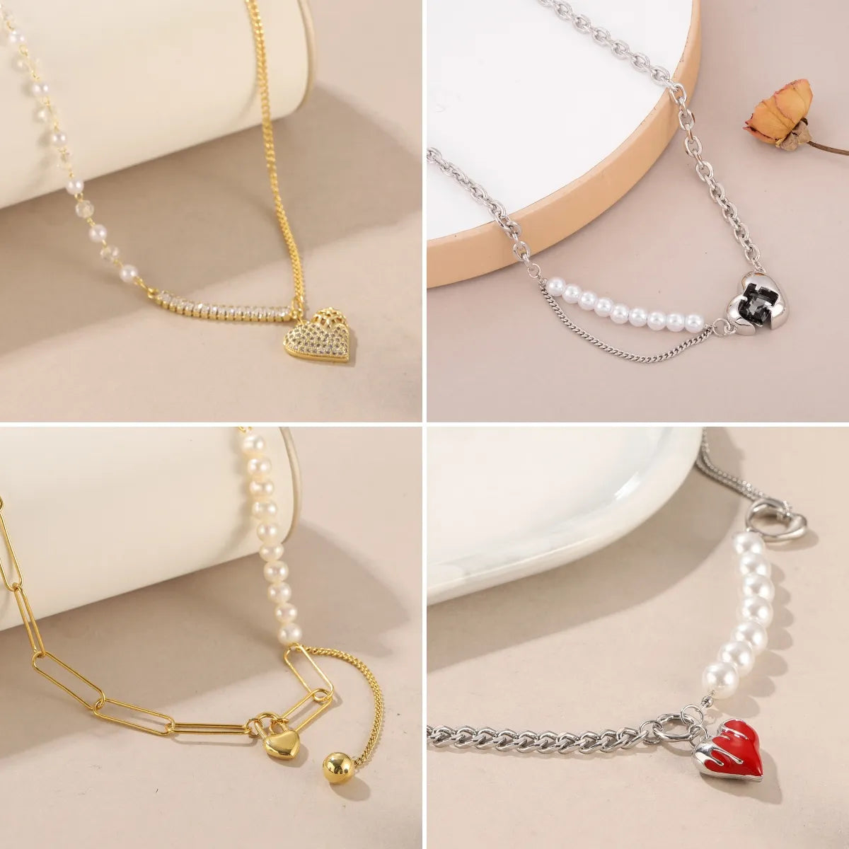 Modern Style Simple Style Heart Shape Imitation Pearl Copper Beaded Inlay Zircon 14K Gold Plated Women'S Pendant Necklace