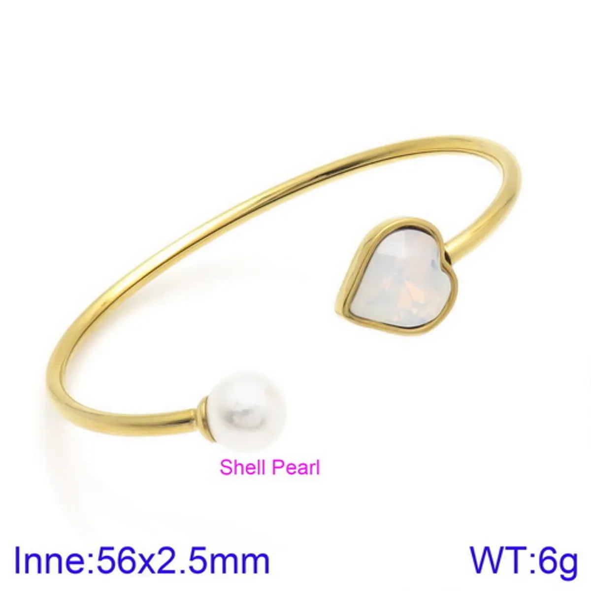 Modern Style Simple Style Heart Shape Stainless Steel Titanium Steel 18K Gold Plated Glass Stone Pearl Bangle In Bulk