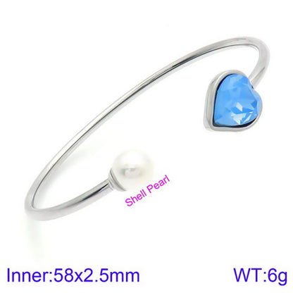 Modern Style Simple Style Heart Shape Stainless Steel Titanium Steel 18K Gold Plated Glass Stone Pearl Bangle In Bulk