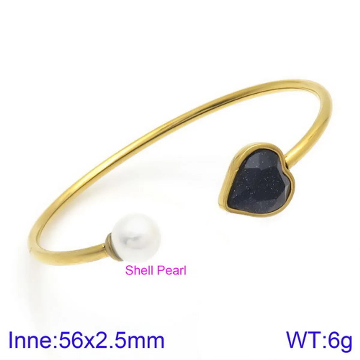 Modern Style Simple Style Heart Shape Stainless Steel Titanium Steel 18K Gold Plated Glass Stone Pearl Bangle In Bulk